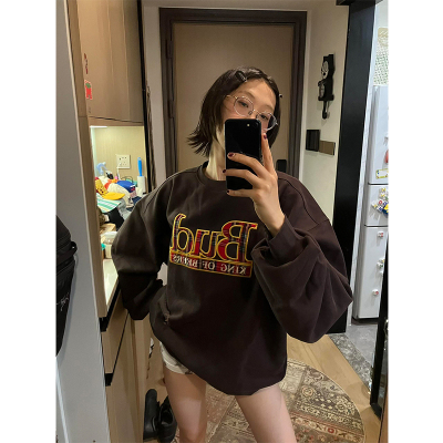 美式复古圆领字母刺绣卫衣女无帽