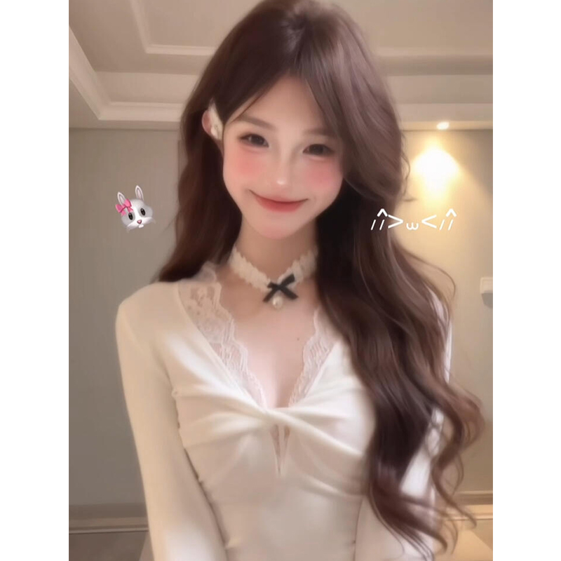 v领蕾丝长袖女德绒内搭打底上衣