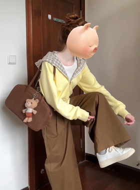 奶黄色格子拼接连帽短款卫衣外套女秋冬加绒小个子韩系慵懒风chic