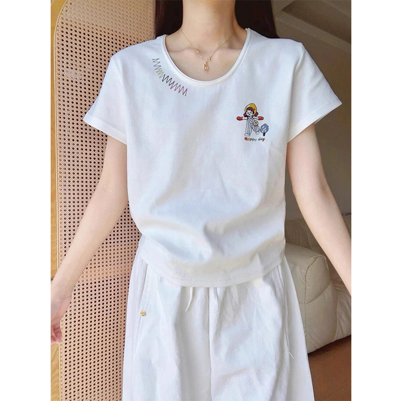 白色u领小女孩印花正肩短袖女t恤夏季2025新款设计感小众体恤上衣