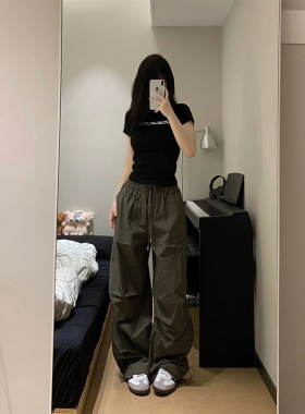 液态金属印花短袖t恤女夏季美式复古黑色正肩甜辣妹短款紧身上衣