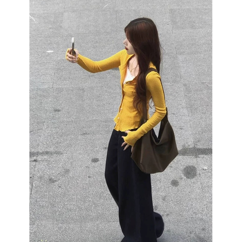 黄色针织开衫外套女春秋长袖上衣