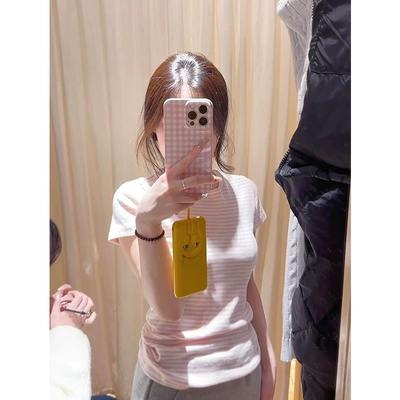 粉色修身条纹短袖正肩女t恤夏季
