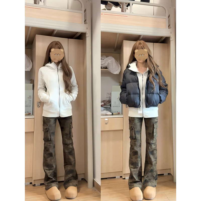 迷彩多口袋修身工装牛仔裤女微喇图片
