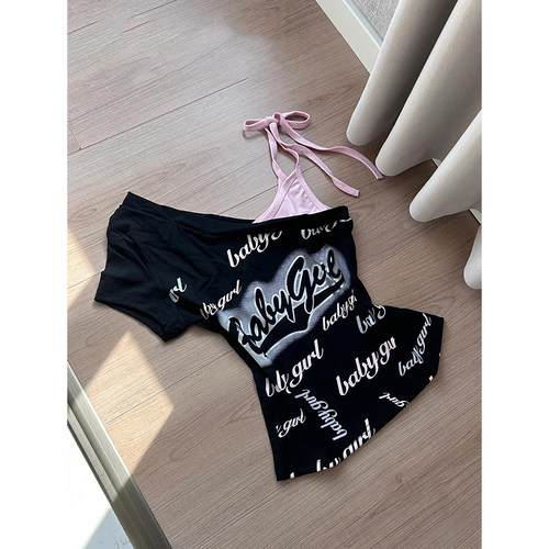 Vintage露肩古着短袖t恤女夏修身