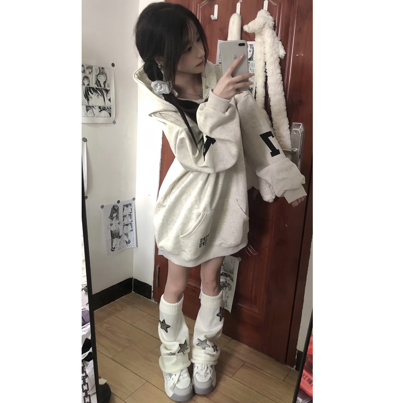 美式复古字母刺绣连帽卫衣女春秋