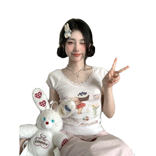 美式蕾丝花边短袖t恤女夏季bm风别致绝美短款辣妹设计感小众上衣