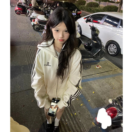 oversize加绒加厚卫衣女春秋冬2025新款美式复古拉链开衫连帽外套