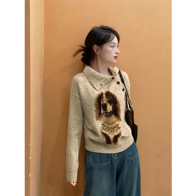 小狗翻领套头毛衣女秋冬加厚宽松