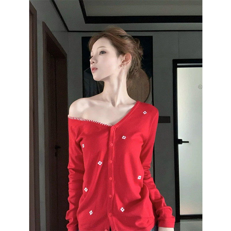 斜肩长袖针织打底开衫女v领上衣