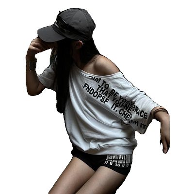 美式斜肩短袖t恤女夏季宽松上衣