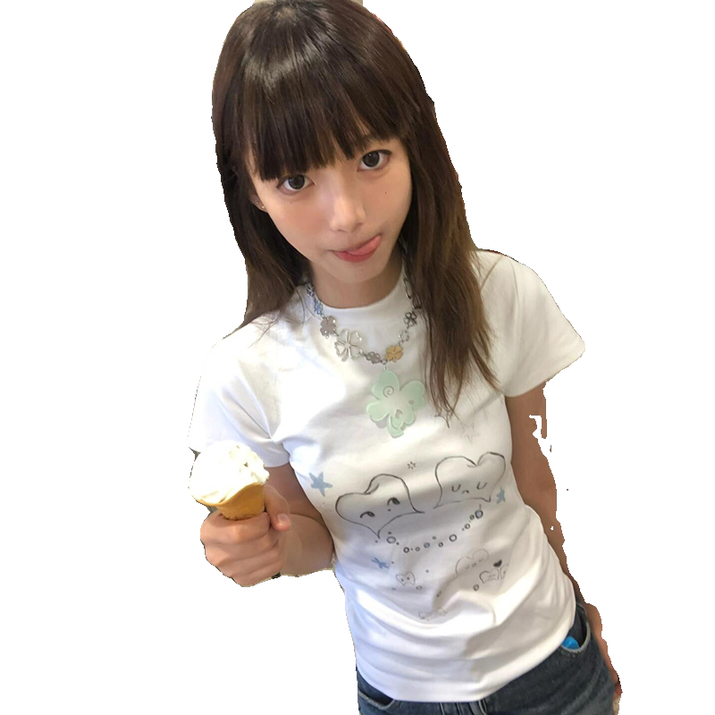 白色可爱印花短袖正肩t恤女夏季修身显瘦设计感小众短款辣妹上衣