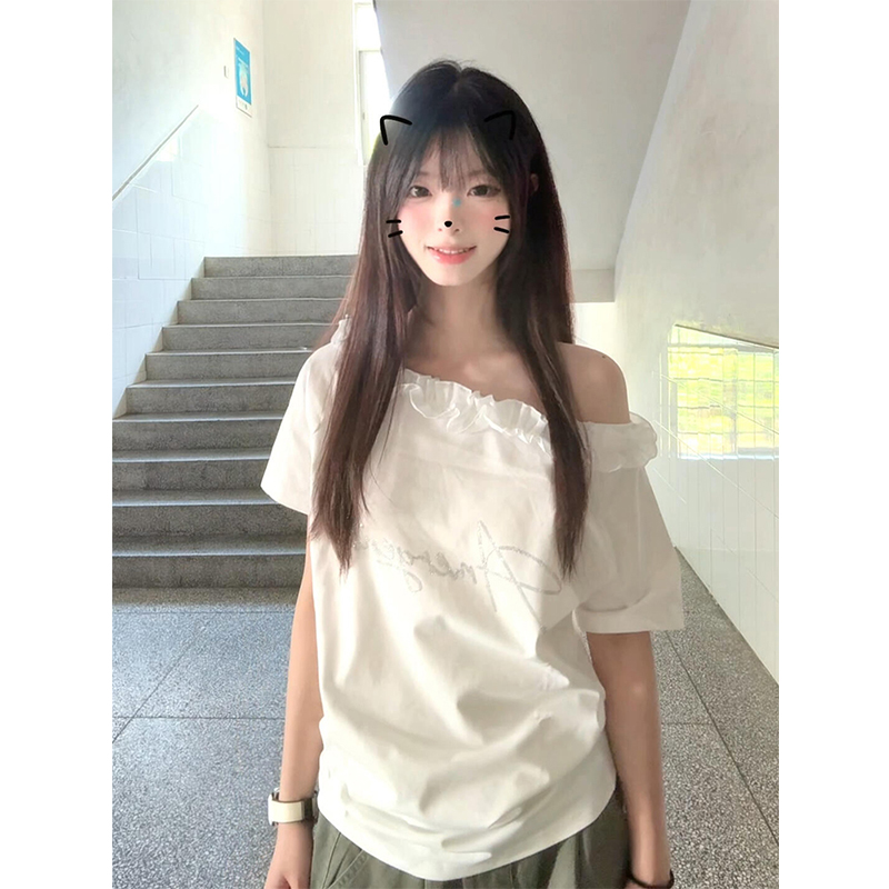 烫钻花边斜肩短袖t恤女辣妹上衣