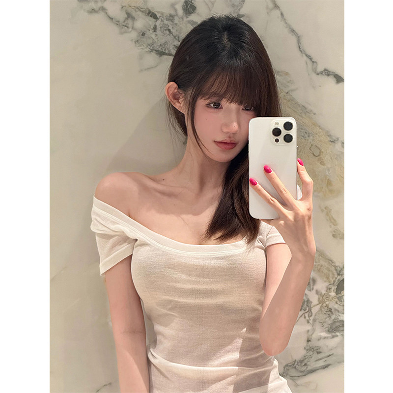 纯欲u领短袖正肩防晒罩衫t恤女夏图片