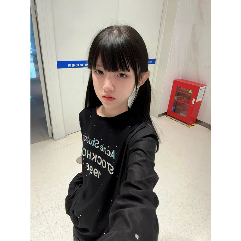 黑色亮片烫钻字母印花长袖t恤女夏季薄款防晒罩衫宽松慵懒风上衣