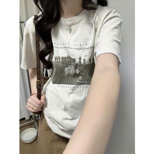 美式复古柏林墙印花bm短袖t恤女夏季小众宽松慵懒风纯棉半袖上衣