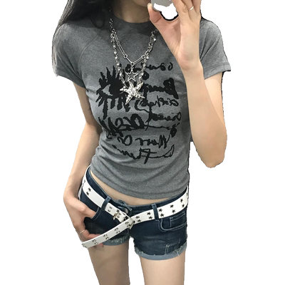 美式复古正肩涂鸦印花短袖t恤女