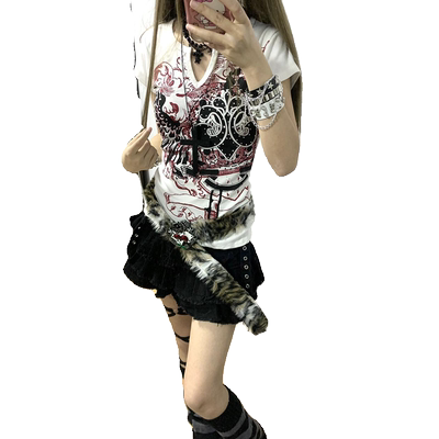 美式复古印花v领短袖t恤女夏上衣