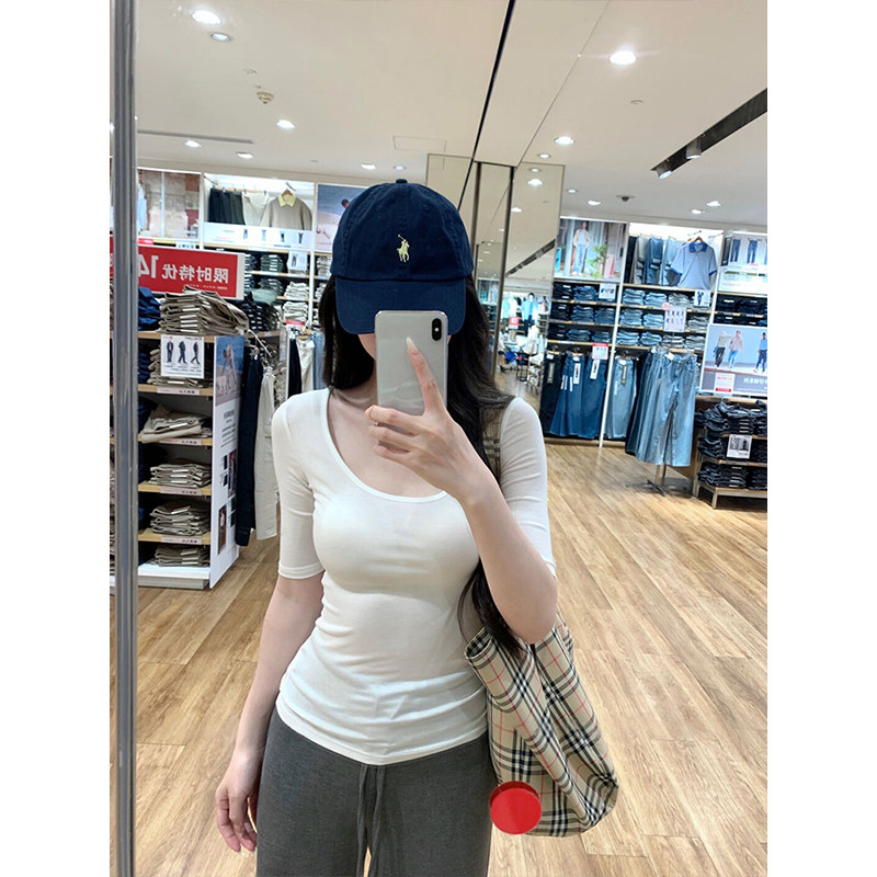 白色u领正肩短袖女t恤夏季基础百搭新款辣妹修身韩系五分中袖上衣