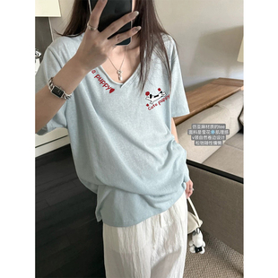 雪花棉t恤短袖 慵懒风蓝色上衣 女夏薄款 卷边设计感小众v领宽松韩版