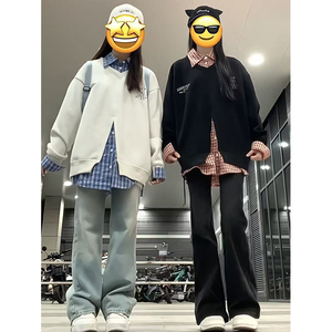 美式复古假两件polo领卫衣女秋冬新款小个子加绒加厚拼接衬衫上衣