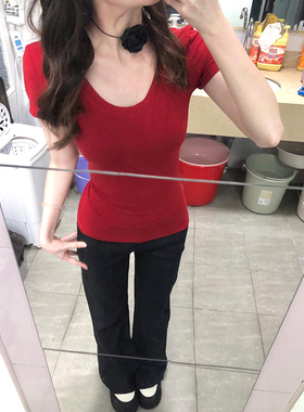 红色u领短袖t恤女夏季纯欲chic甜辣妹修身显瘦小个子短款掐腰上衣