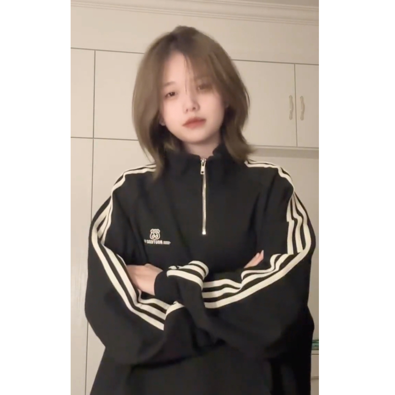 美式半高领拉链条纹卫衣女秋冬
