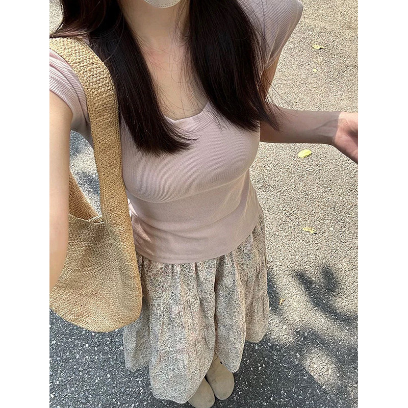 粉色U领收腰短袖正肩女t恤夏季chic韩系修身显瘦百搭短款辣妹上衣