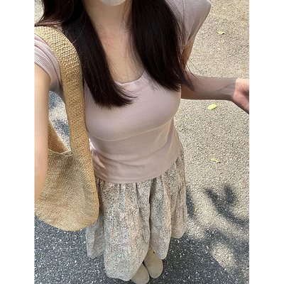 粉色U领收腰短袖正肩女t恤夏上衣