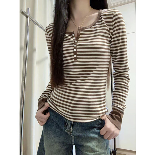bm撞色条纹六粒扣长袖t恤女上衣