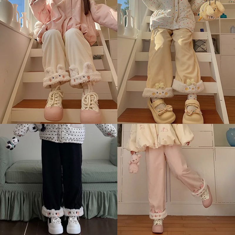 可爱加绒加厚灯芯绒直筒裤女秋冬