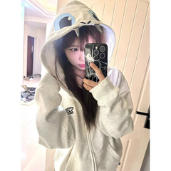 国潮牌小恶魔刺绣加绒连帽卫衣女秋冬设计感无牙耳朵拉链开衫外套