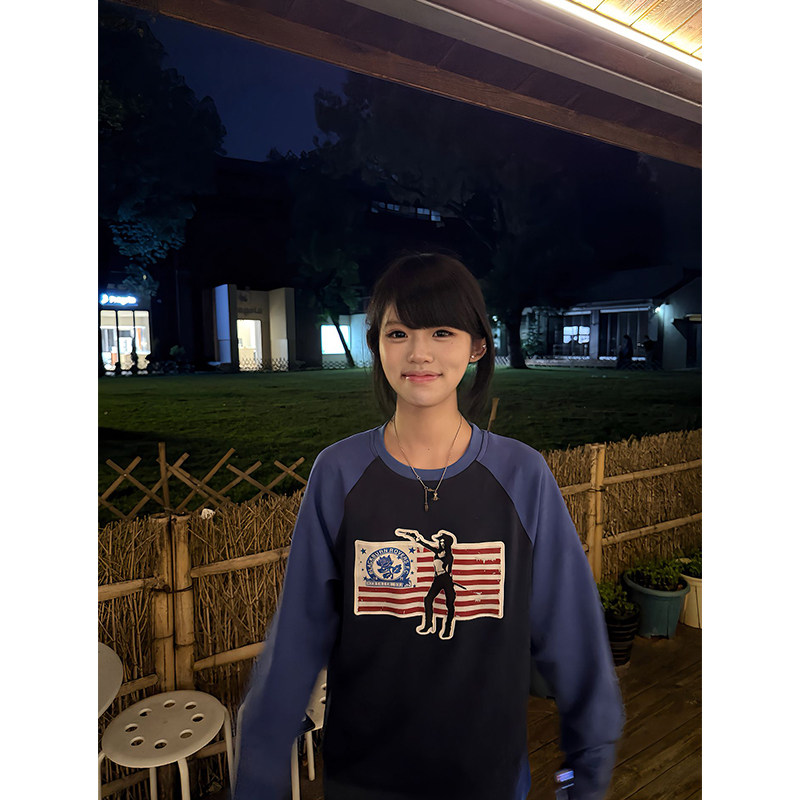 美式复古撞色插肩旗帜印花长袖t恤女秋季新款百搭显瘦打底衫上衣