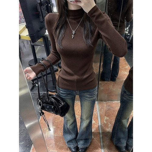 咖棕色女秋冬德绒半高领打底内搭