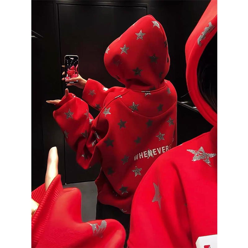 红色星星闪粉加绒连帽卫衣女加厚