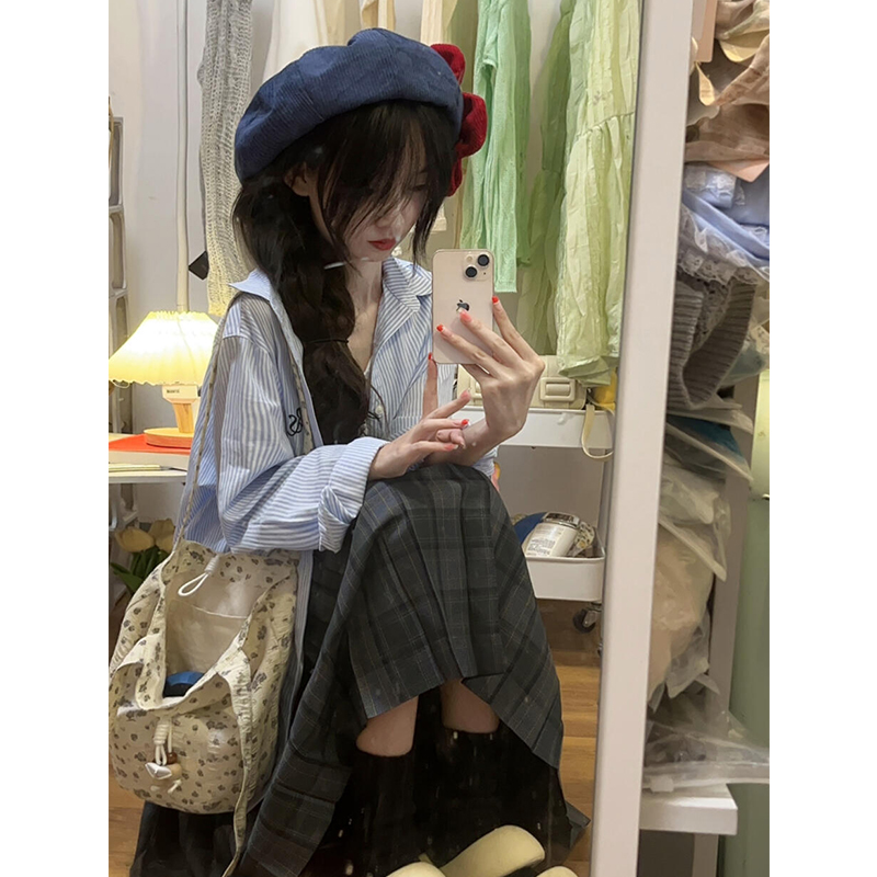 蓝色条纹长袖衬衫女春秋薄款外套