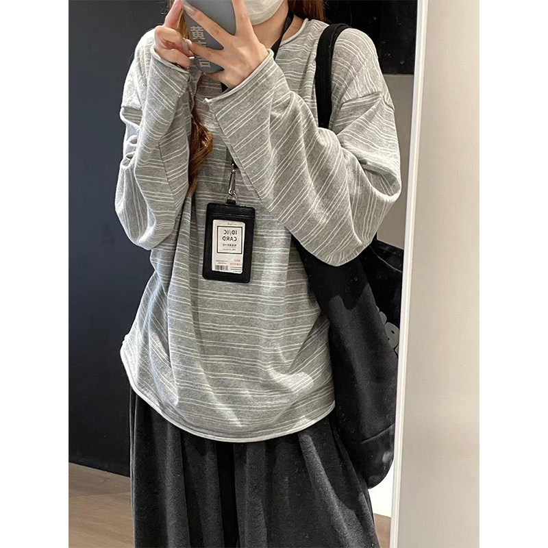 复古条纹长袖t恤女秋季新款韩系宽松打底衫休闲慵懒风松弛感上衣