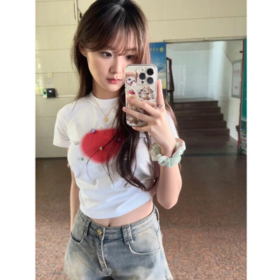美式正肩碎钻爱心t恤女短款上衣