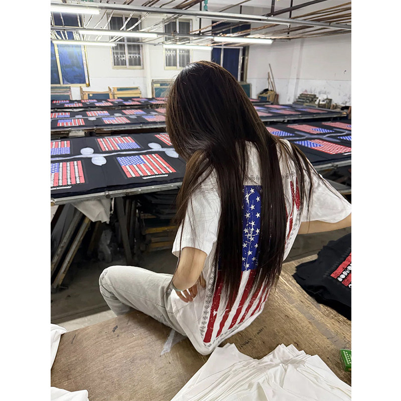 美国旗帜印花ins潮牌纯棉白色短袖t恤女夏季圆领宽松纯棉半袖上衣