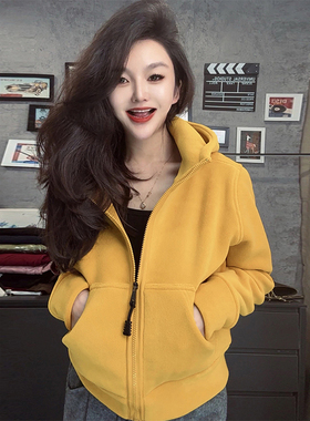 加绒加厚黄色奥粒绒连帽短款卫衣女秋冬新款宽松拉链开衫外套上衣