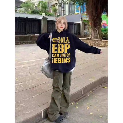 美式复古斑驳印花连帽卫衣女秋冬2024新款爆款宽松潮牌高级感外套