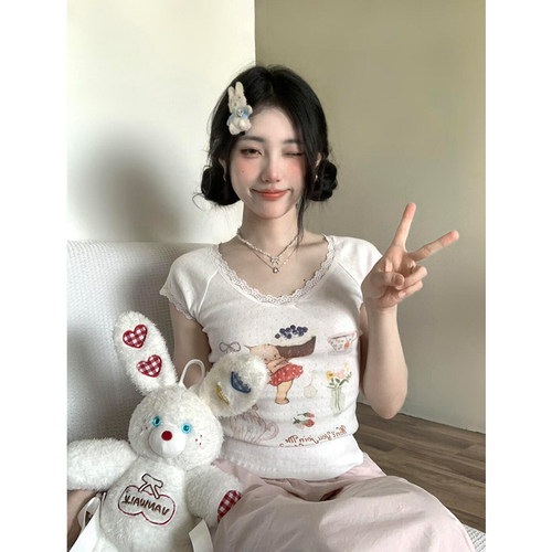 蕾丝短袖t恤女bm设计感小众上衣