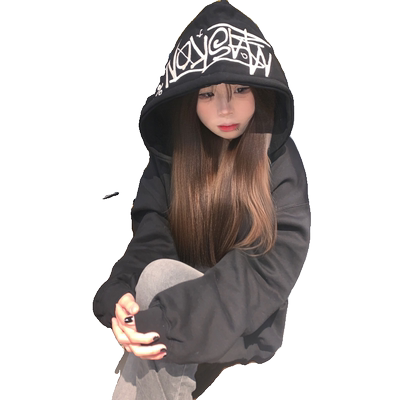 美式连帽oversize刺绣卫衣女秋冬