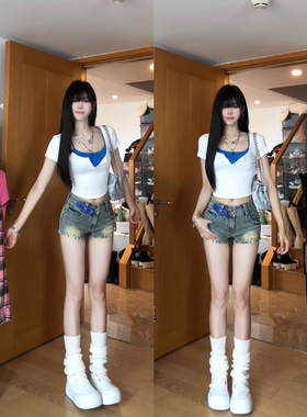 白色纯欲短袖吊带两件套t恤女夏季小众修身别致绝美短款辣妹上衣