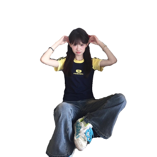 美式复古圆环撞色拼接插肩短袖t恤女夏季正肩紧身设计感短款上衣