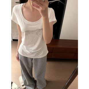 莱赛尔天丝豹子印花大U领短袖t恤女夏季薄款辣妹修身显瘦白色上衣