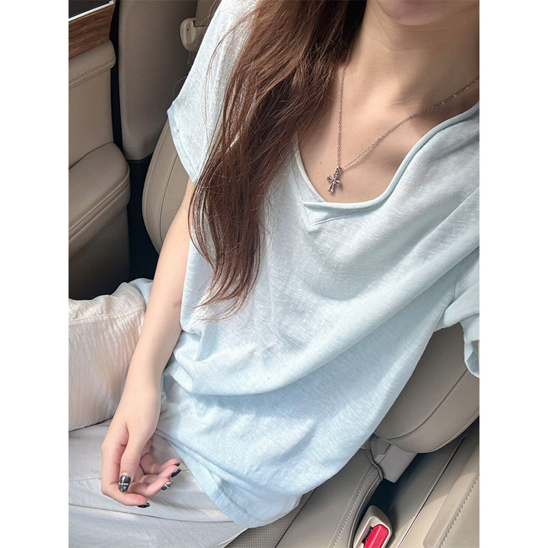 浅蓝色雪花棉v领短袖t恤女夏季薄款宽松慵懒风松弛感韩系百搭上衣