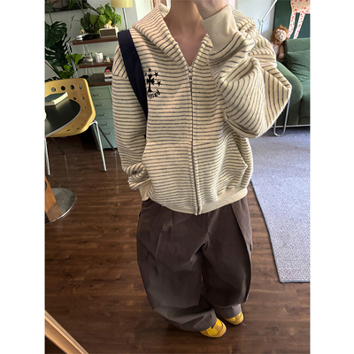 条纹连帽卫衣女秋冬拉链开衫外套