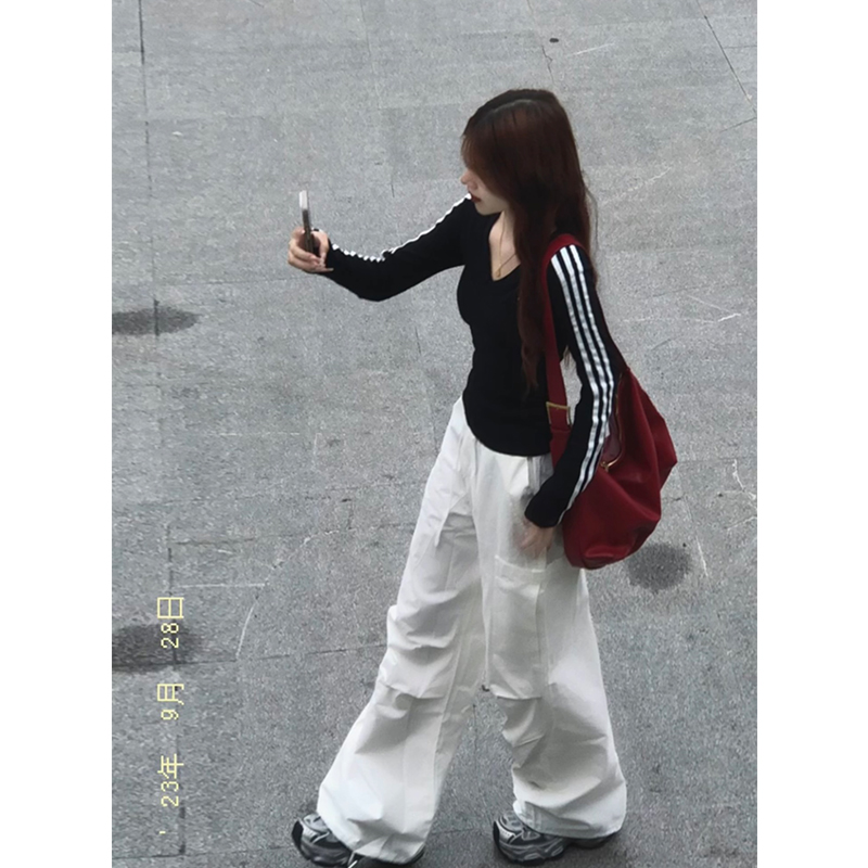 美式修身条纹v领长袖t恤短款上衣