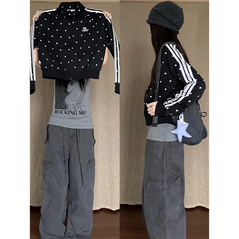 满印波点立领短款开衫卫衣外套女图片